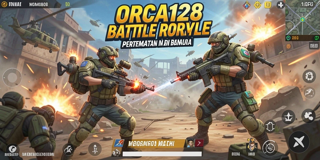 Screenshot gameplay ORCA128 menampilkan layar pertempuran seru di arena.