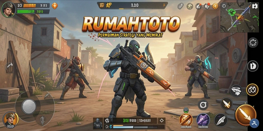 Screenshot utama RUMAHTOTO menampilkan kota yang dibangun dengan indah dan interaksi antar pemain.