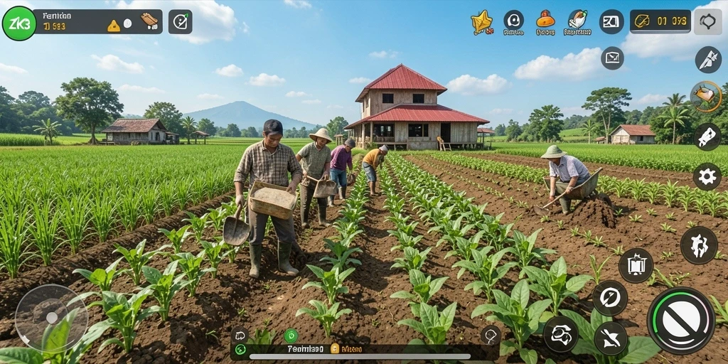 Gameplay <strong>ZK3</strong> menampilkan kebun dan hewan yang menggemaskan.